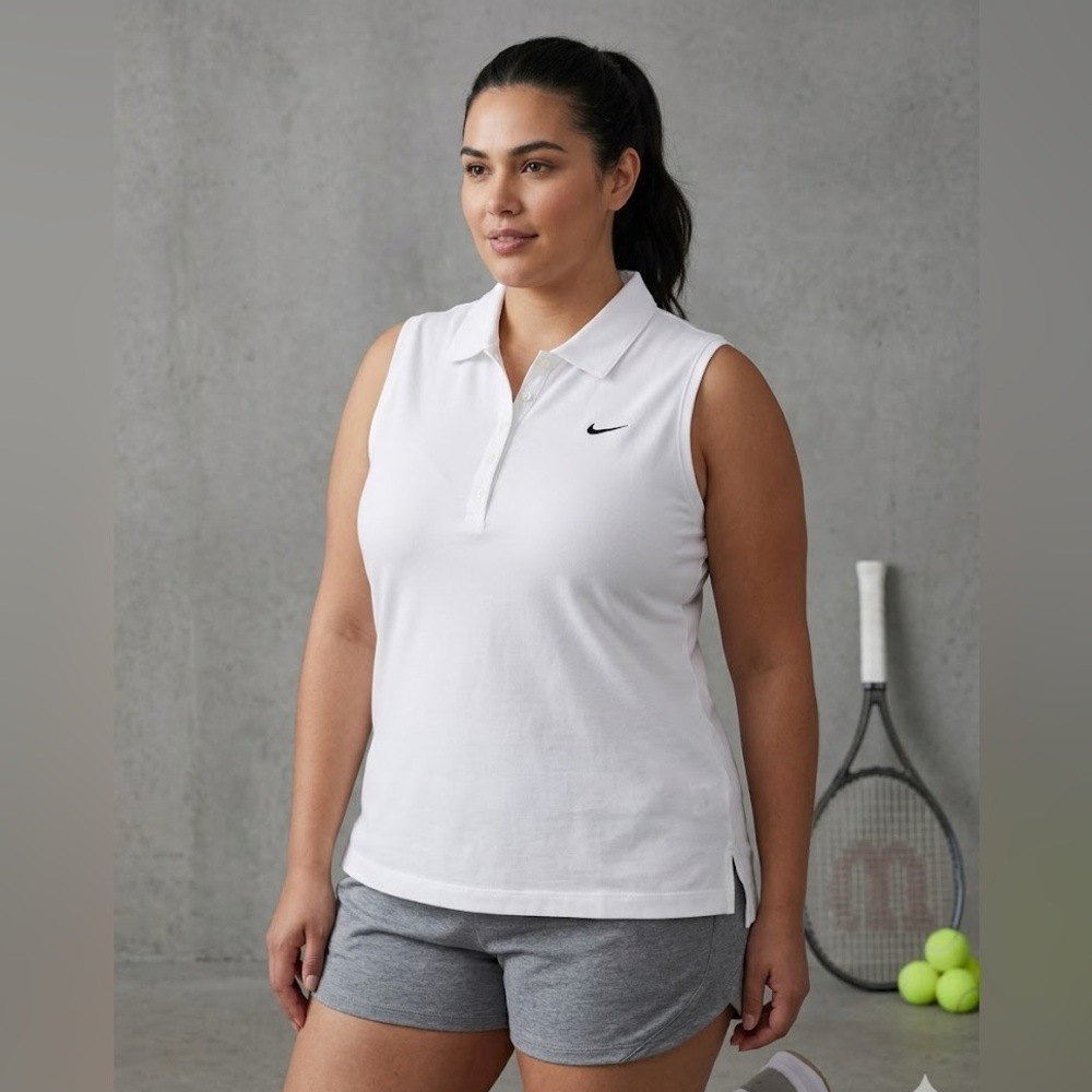 Nike White Sleeveless Polo Tank Top with Black Swoosh